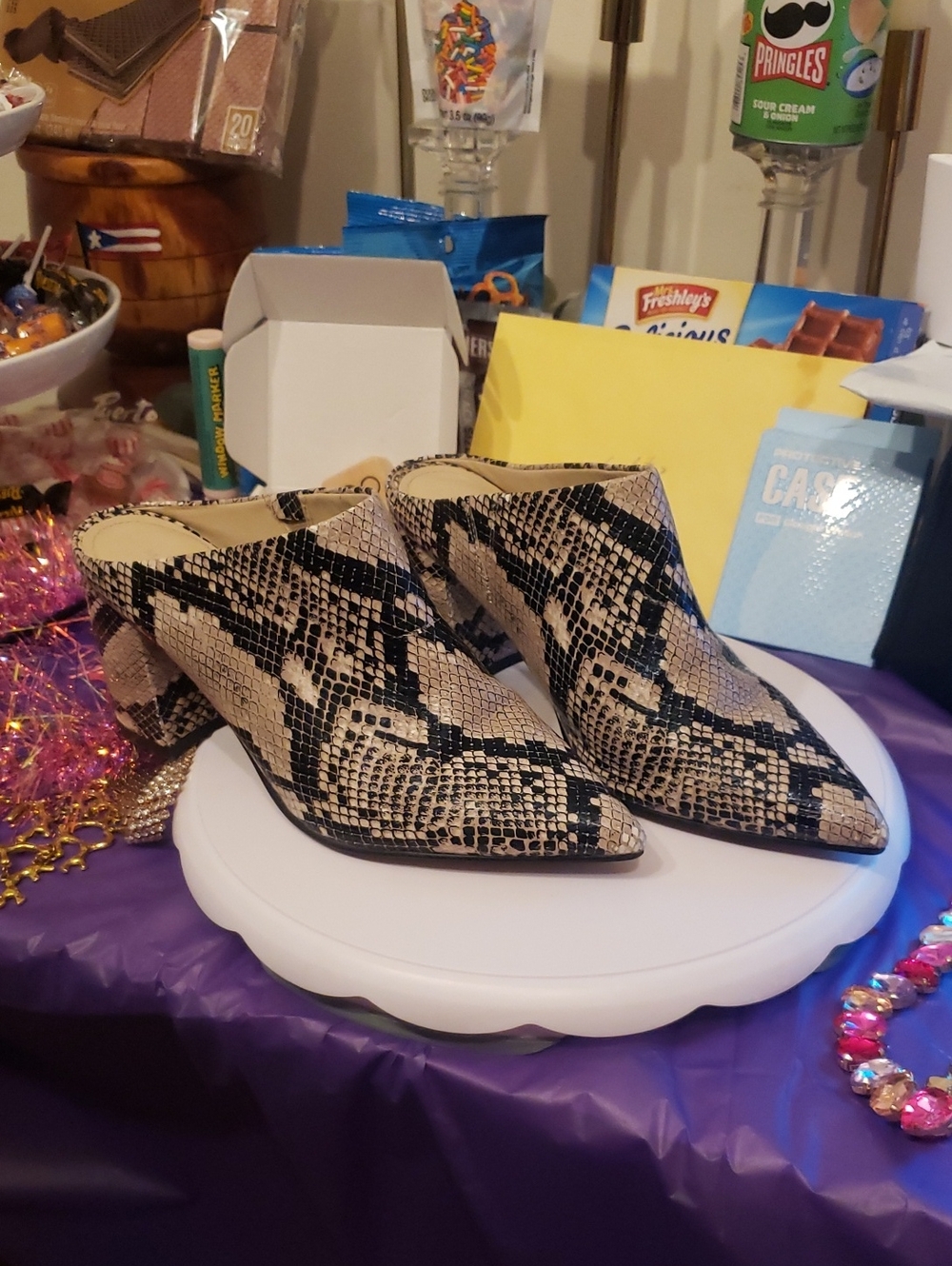 Marc Fisher Snake-Print Pointed Mules in Beige and Black (Size 9)